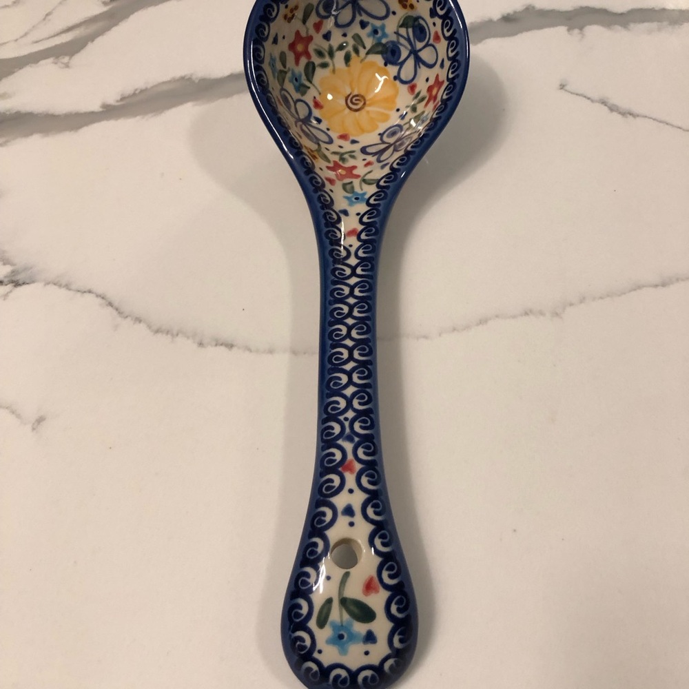 NWT Vena Polish Pottery Hand-Painted Blue Rose Floral Butterfly Ceramic Ladle